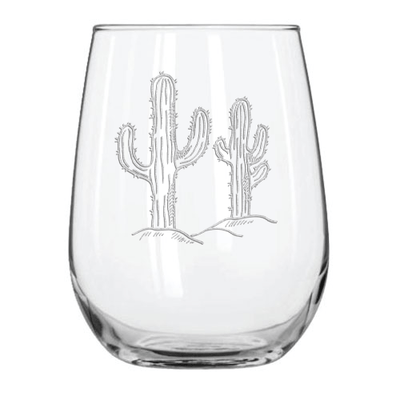 Double Cactus 15.25 oz. Etched Stemless Wine Glass Sets