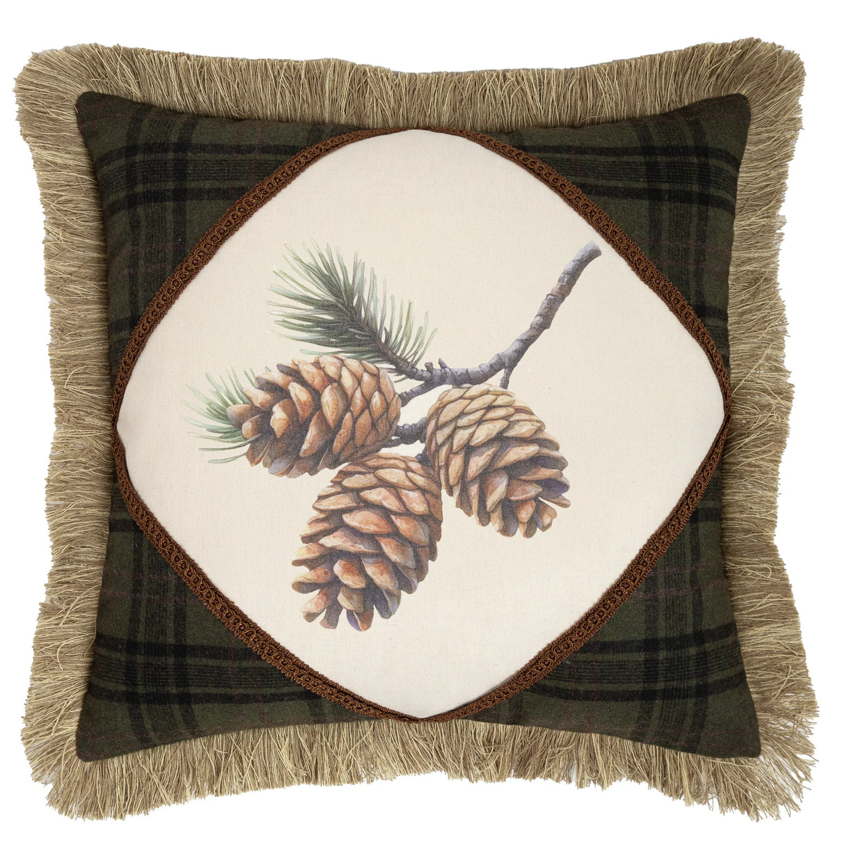 Pinecone Plaid Fringe Pillow