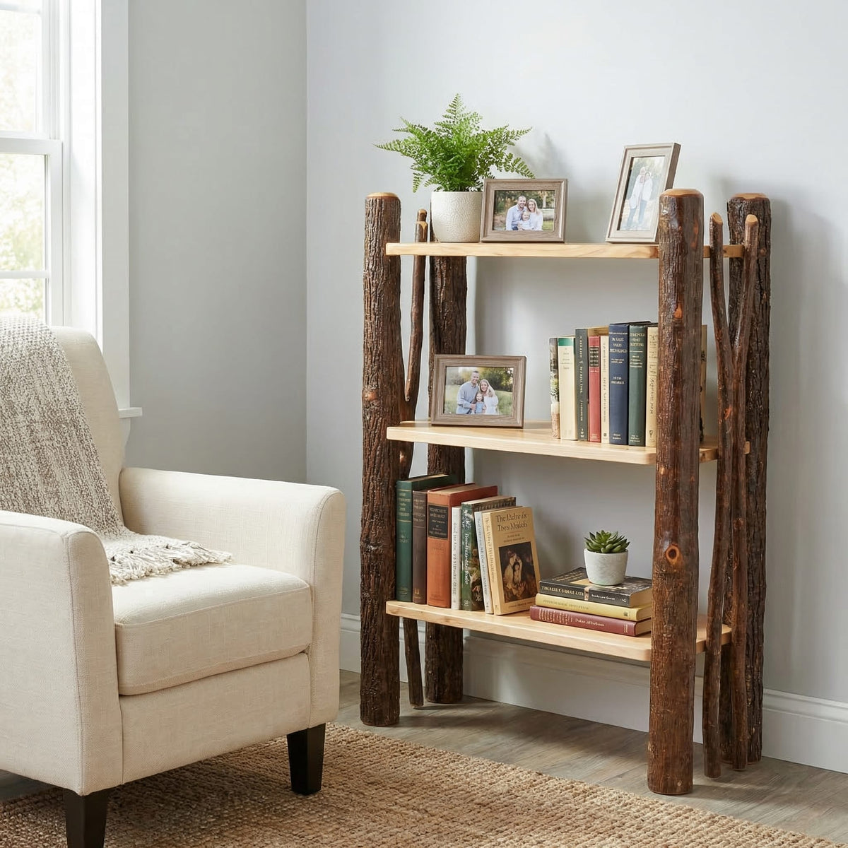Hickory Bookshelf with Twig Accents