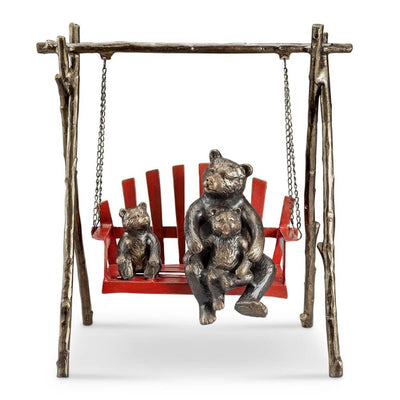 Bear and Cubs on Red Porch Swing Statue