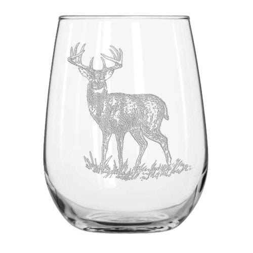 Etched Stemless Wine Glass: Silver Buck