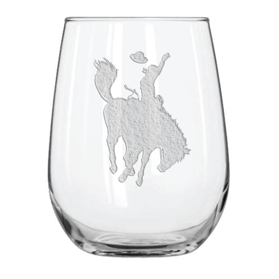 Bucking Bronco 15.25 oz. Etched Stemless Wine Glass Sets