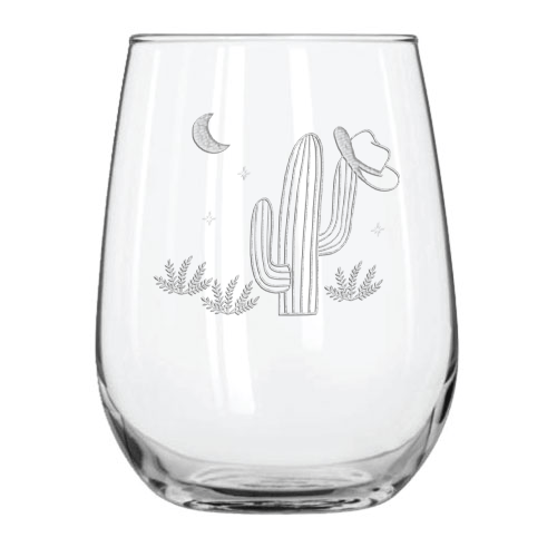 Cactus 15.25 oz. Etched Stemless Wine Glass Sets
