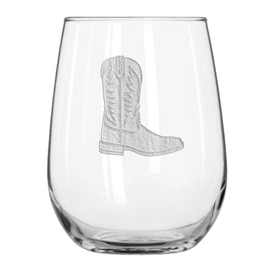 Cowboy Boot 15.25 oz. Etched Stemless Wine Glass Sets