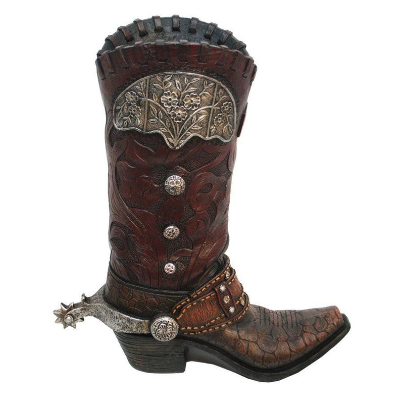 Tooled Leather & Silver Cowboy Boot Vase