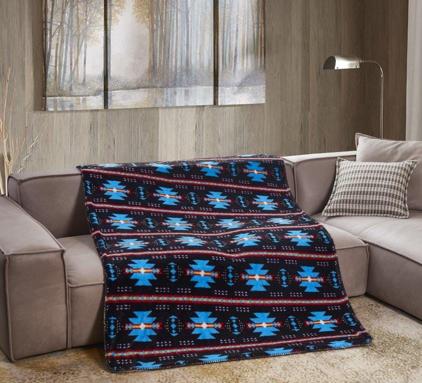 Southwest Black and Turquoise Flannel Sherpa Throw