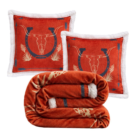 Lubbock Bronco & Horseshoe Sherpa Throw Set