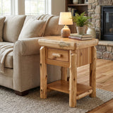 Cedar Log One Drawer End Table With Shelf
