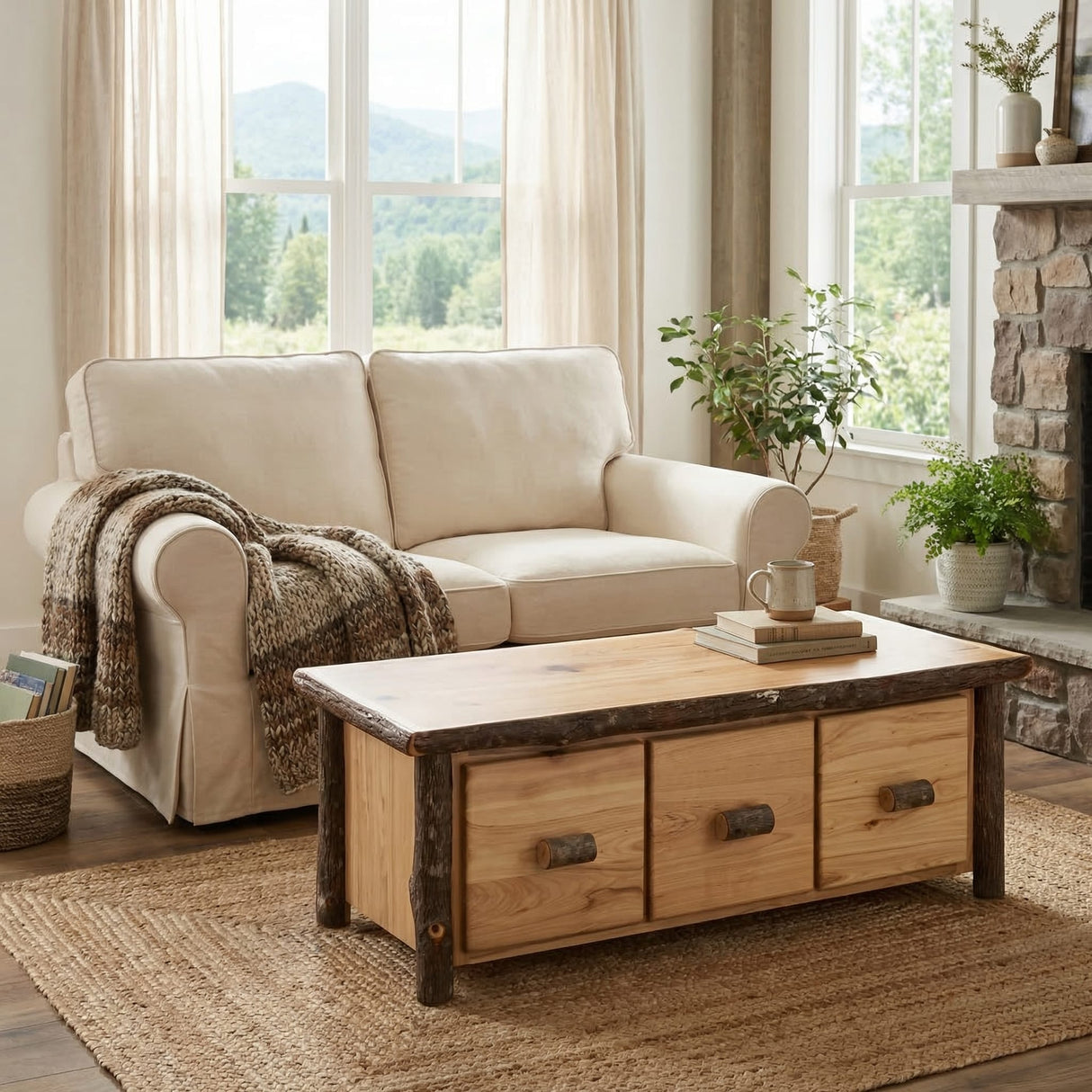 Hickory Log Three Drawer Coffee Table