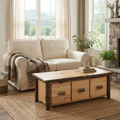 Hickory Log Three Drawer Coffee Table