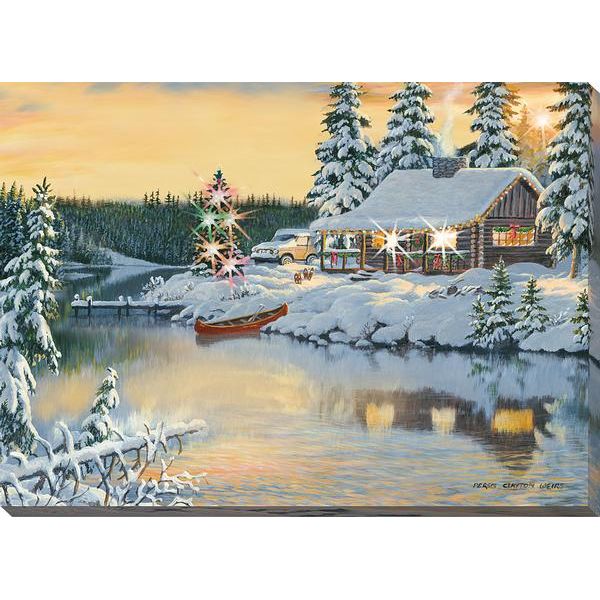 Snowy Cabin On The River Lighted Wrapped Canvas