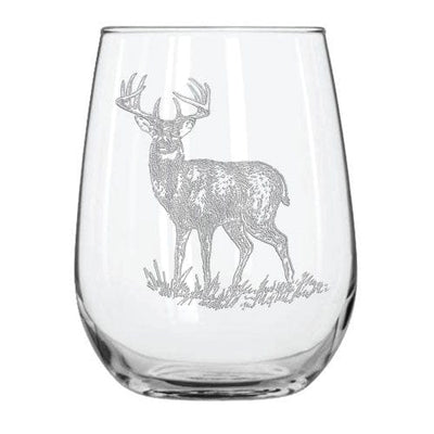 Whitetail Deer 15.25 oz. Etched Stemless Wine Glass Sets