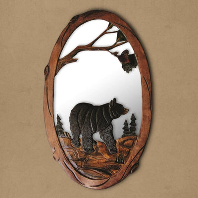 Hand Carved Oval Black Bear Wood Mirror