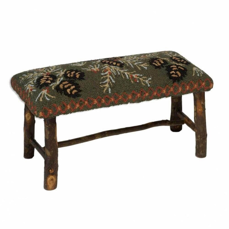 Evergreen Pinecones Hooked Wool Hickory Bench