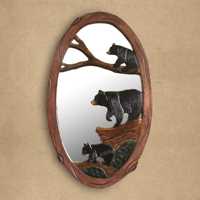 Hand Carved Oval Bear & Cubs Mirror